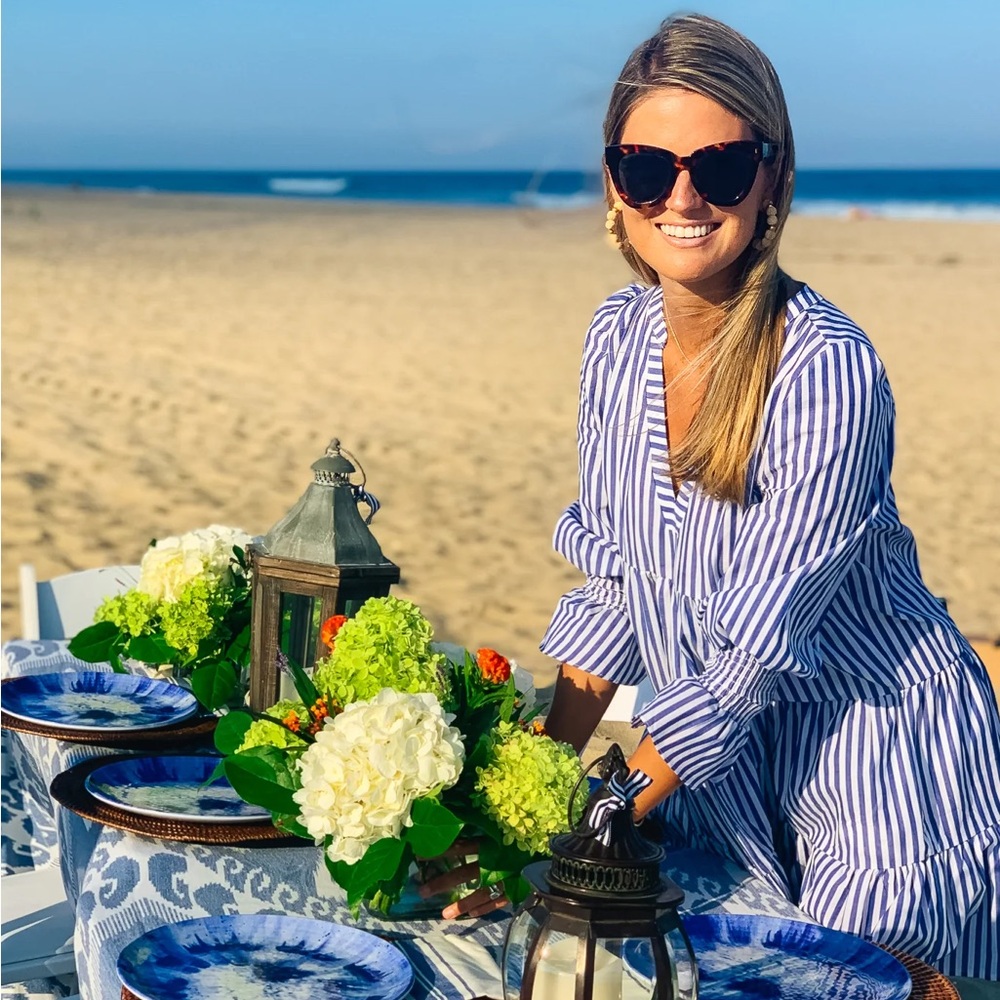 Pomander Place Blue and White Stripe Cotton Poplin Maxi Dress